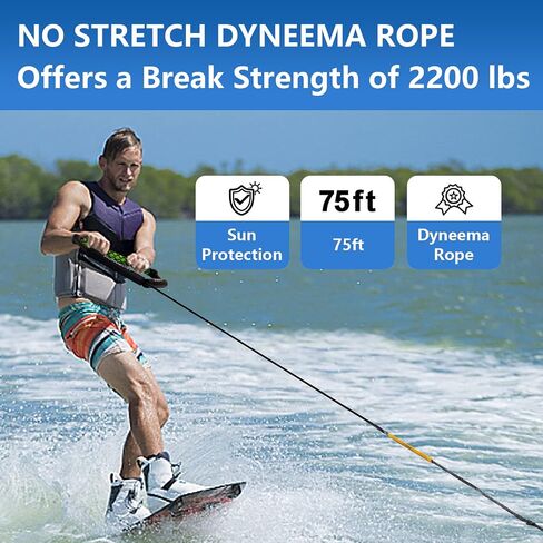 حبل Dyneema Wakeboard بطول 75 قدمًا، حبل غير قابل للتمدد ومقبض حبل التزلج على الماء للرياضات المائية، 4 أقسام حبل سحب عائم للركبة وركوب الأمواج in Saudi Arabia