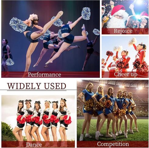 esluker.ly 12 حزمة من كرات بوم التشجيع مع مقبض باتون، كرات معدنية من رقائق معدنية بوم بومس زهور يدوية للتشجيع للرياضة، كرة الرقص، فستان فاخر للحفلات الليلية (أزرق/فضي) in Kuwait