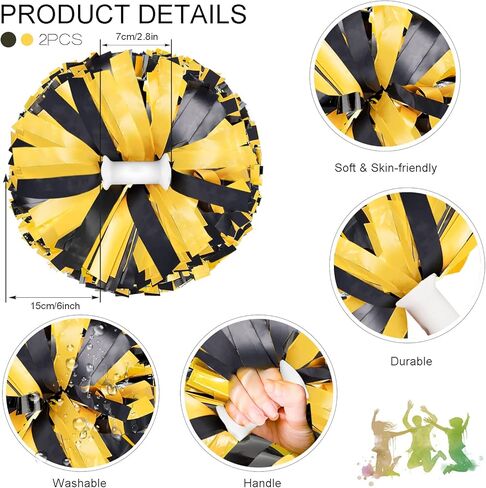 AUHOKY عبوتان من كرات التشجيع مع مقبض باتون، مجموعة كرات التشجيع الفاخرة، زهور يدوية منفوشة للتشجيع وحفلات الرقص الفاخرة (6 بوصة، أسود/أصفر) in Kuwait