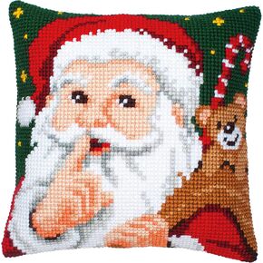 Vervaco Cross Stitch Christmas Embroidery Kits Pillow Front for Self-Embroidery with Embroidery Pattern on 100% Cotton, 15,75 x 15,75 Inches - 40 x 40 cm, Santa Hush