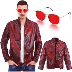 Red Men Leather Jacket Racer Style Casual Leather Jacket with Red Sunglasses Halloween Cosplay Costumes