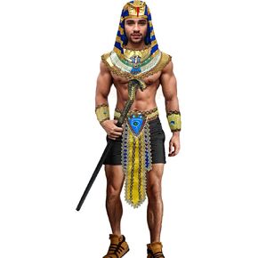 Men's Egypt Costumes Set Ancient Egyptian King Pharaoh Costume Halloween Roleplay Outfit with Scepter