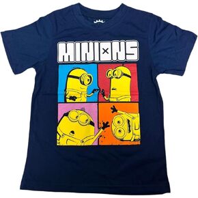 Minions Stuart Bob Kevin Humour Funny Face Glasses Bust Portrait Grid Logo T-Shirt for Kids Navy Blue