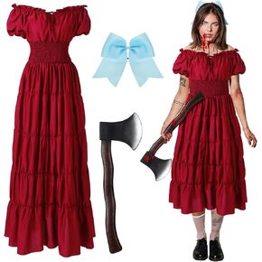 3 Pcs Halloween Horror Movie Costume Women Costume Accesories Set Red Dress Foam Axe Hair Bows for Cosplay Party