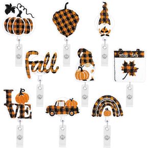 Whaline Fall Thanksgiving Felt Badge Reels Autumn Plaid Retractable Badge Holders Pumpkin Maple Leaf Gnome Truck Badge Reel with Clip for Autumn Decoration Doctor Nurse Teacher Student,9 Designs