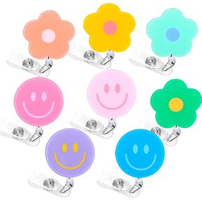 Whaline 8Pcs Light Boho Flower and Smile Acrylic Retractable Badge Holder with Clip Colorful Round ID Badge Reel Name Tag for Office Hospital Nurse Doctor Teacher Favor