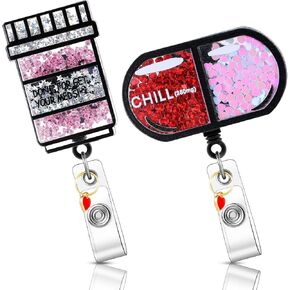 Epakh 2 Pcs Nurse Shaker Badge Holder Pharmacy Badge Reel Cute Retractable Badge Reel Glitter Nursing ID Badge Holder Pill Bottle Chill Pill with Alligator Clip and Retractable Cord for Nurse Doctor