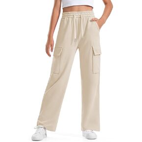 BOOPH Girls Sweatpants Kids Drawstring Cargo Pants Teen Girls Wide Leg Joggers Pants with Pockets