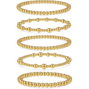 Badu Gold Bracelets for Women no tarnish Gold plated Stackable Beaded Ball Bracelet Stretch Elastic Hypoallergenic Trendy Gold Jewelry for Women（18.0cm）