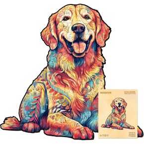 masseruon Wooden Puzzle for Adults-Loyal Golden Retriever, Unique Shaped Jigsaw Puzzles for Adult(M, 200pieces, 12.5*11.9in), Beautiful Animal Shaped Wood Puzzles, Christmas Family Game Birthday Gift