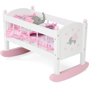 Emily Rose New Toy Wooden Baby Doll Rocking Cradle Bed Crib Furniture with Lovely 4-Piece Elephant Themed Reversible 18" Doll Bedding Set - for Dolls up to 19 inches - White/Pink/Gray
