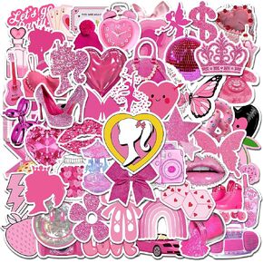 70PCS BB Princess Stickers, Hot Pink Preppy Stickers for Water Bottle Laptop, Birthday Party Decorations Favors, Vinyl Waterproof Cute Stickers for Girls Teens Women