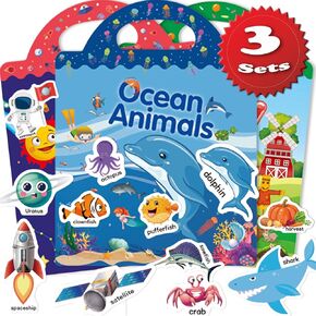 Sparkly Sticker Book for Toddlers Age 2-4, Reusable 3 Sets Sticker Books for Toddlers Kids Age 1-3, Toddlers Learning Toys Preschool Learning Activities, Kids Toys Gifts - Space, Farm and Ocean