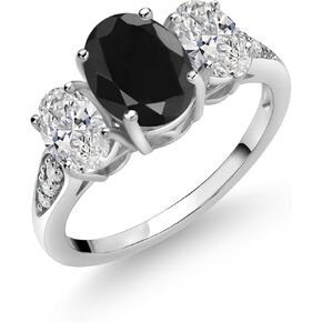 Gem Stone King 10K White Gold Oval Gemstone Birthstone and White Lab Grown Diamond 3-Stone Engagement Ring | Oval 8X6MM and 6X4MM | Gold Ring For Women | Available in Size 5,6,7,8,9