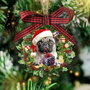Talataca Pug Sleeping Angel Wing Memorial Dog 2D Flat Car Rear View Mirror Accessories Christmas Tree Ornament Decoration Hanging Charm Interior Rearview Pendant Decor Gift