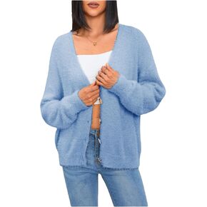 MakeMeChic Women's Solid Fuzzy Knit Cardigan Long Sleeve V Neck Button Down Cardigan Sweater