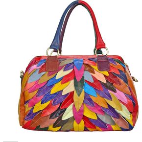 Women’s Multicolor Boston Bag Colorful Tote Leather Bag Unique Genuine Leather Handbag Designer Purse (Leaves)