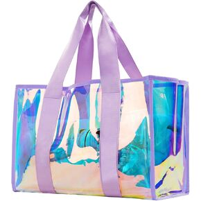 Large Beach Tote Bag for Women,17x12x8"" Waterproof&Sandproof Tip-Proof Beach Bag with Phone case& Bracelet,Iridescent Clear Tote Bag for Pool,Travel Essentials