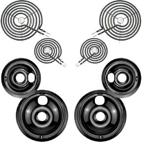 Black Porcelain Burner Drip Pans WB31M19(8") and WB31M20(6")+Electric Stove Burner Replacement WB30M1(6") and WB30M2(8") Compatible for G-E Hot-point Range Cooktop by MIFLUS