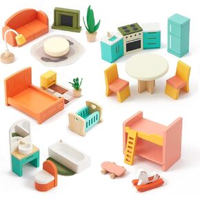 Giant bean 26 Pcs Large Wooden Dollhouse Furniture 5 Set for Kitchen, Living Room, Bedroom, Bathroom, Babyroom, Candy Dollhouse Accessories & Furniture Play Toy for Girls Boys Kids 3+