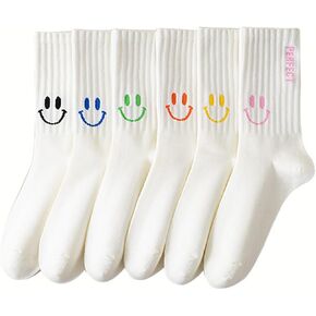 Women White Crew Athletic Socks Cute Fun Smiling Face Socks Soft Cotton Socks 6/5 Pairs in Kuwait