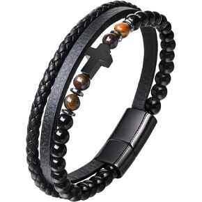 Leather Cross Bracelet Gifts for Men, Layered Black Onyx Tigers Eye Stone Beads Stainless Steel Cross Genuine Leather Braided Wristband, Religious Jewelry to Son Husband Boyfriend Brother Dad
