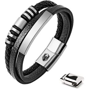 Leather Bracelet, Mens Braided Leather Cuff Bracelets for men, Cowhide Braided bangle, punk wristband, 7.5-8.7 Inches, with Stainless Steel Magnetic Clasp & Premium Gift Box (Silver, 8.9)