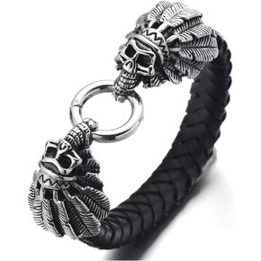 COOLSTEELANDBEYOND Stainless Steel Mens Indian Skull Bangle Bracelet Genuine Braided Leather Wristband Spring Ring Clasp