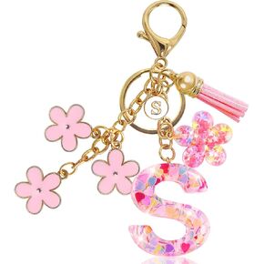 Resin Alphabet Initial Letter Keychain Tassel Flower Pendant Key Ring for Purse Handbag Car Keys