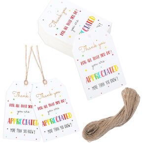 100PCS Small Gift Tags with String Attached Thank You, Thank You for All That You Do Tags, 3.34 × 2.16 Inches White Paper Gift Tags for Mother's Day, Wedding, Thanksgiving Party