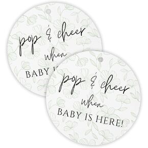 Pop and Cheer When Baby is Here Hang Tag | 30pk 2.5" Circle Greenery Eucalyptus Floral Girl Cards Stickers Modern Minimalist Champagne Tags