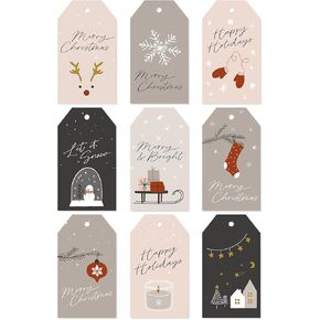 Whaline 90Pcs Pastel Christmas Paper Gift Tags Pink Grey Snowman Snowflake Hanging Name Tags with Hemp Rope Winter Label Tags for Party Favor Decor Supplies, 9 Designs