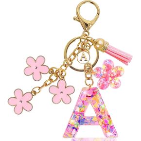 Resin Alphabet Initial Letter Keychain Tassel Flower Pendant Key Ring for Purse Handbag Car Keys