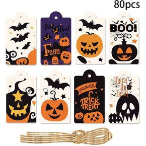 8 Designs Halloween Tags with String Cute Ghost Pumpkin Devil Bat Pattern Halloween Tags for Candy Bag Gift Wrapping Halloween Party Favors Supplies Decor Halloween Hanging Tags Crafts