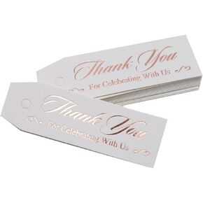 50 Thanks for Celebration with Us Tags, Thank You Tags, Rose Gold Foil, White Rectangular Gift. Wedding Party Favors, Birthday, Bridal Shower and Party Decorations Rec Rose 3
