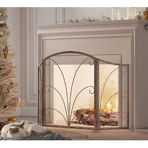 Kingson 3-Panel Arched Fireplace Screen Decorative, Handcrafted Scroll Wrought Iron Fire Spark Guard Cover for Wood Burning Fireplace-Black