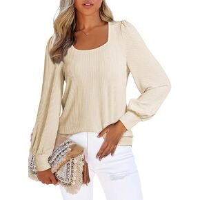Dokotoo Women's Square Neck Puff Sleeve Casual Loose Ribbed Knit Soft Blouses Tuinc Tops