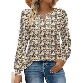 IECCP Womens Long Sleeve Tops Dressy Casual Pleated Keyhole Shirts Business Crew Neck Work Blouses Fall Clothes