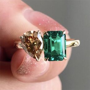 14K Gold Plated Women's Engagement Double Stone Ring Emerald and Pear Cut Champagne Eternal Cubic Zirconia Wedding Promise Ring （Size 7）