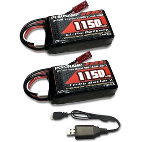 2S Lipo Battery 1150mAh 7.4V Burst 40C with JST Plug Rechargeable High Capacity RC 7.4V Lipo Battery Fit for RC Cars A949, A959 or 1/18 Scale RC Cars Trucks with 1 USB Charger （2packs）