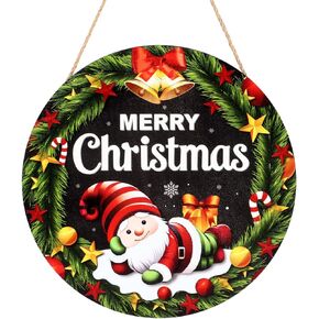 Christmas Door Sign - 12 Inch Merry Christmas Wall Decor - Wooden Round Hanging Wreath with Gnome Design for Home, Porch, Indoor Outdoor Xmas Decorations (Green)