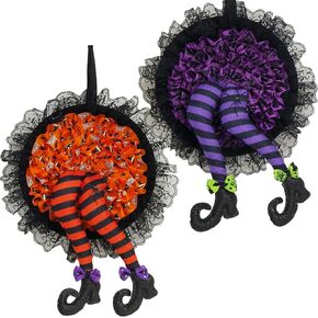 2pack Halloween Wreath Witch Legs, 16inch Front Door Wall Ornaments, Holiday Party Decor Halloween Decorations Indoor for Door,Porch,Window,Indoor Halloween Wreath-Orange/Purple