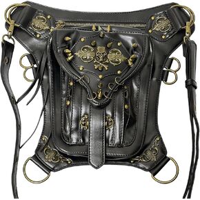 Steampunk Waist Bag PU Leather Gothic Vintage Shoulder Bag Thigh Leg Motorcycle Crossbody Bag Fanny Pack for Women Men, Skull
