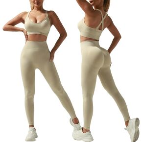 Workout Outfits for Women 2 Piece Ribbed Seamless Crop Tank High Waist Yoga Leggings Sets