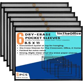 1InTheOffice Dry Erase Pocket Sleeves 8.5x11, Black Shop Ticket Holders 11x8.5, (6 Pack) in Kuwait