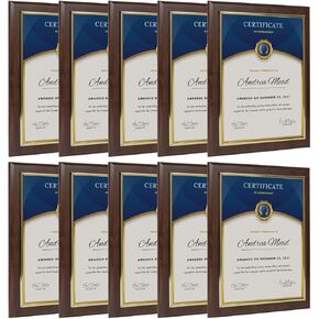Slide-in Document Plaque Kit, 10-Pack, Gold Frame, Cherry Wood, for Certificates & Awards