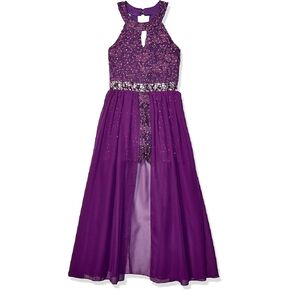 Speechless Girls' High Neck Romper Maxi Walk-Through Party Dress, Grape, 12