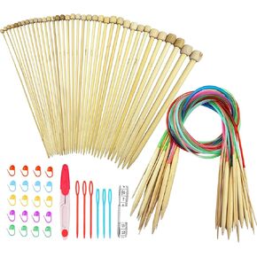 Hobekoee Knitting Needles Set,36 PCS 9.8" Straight Single Pointed Bamboo Knitting Needles ＆ 18 Pairs 31.5" Bamboo Circular Knitting Needles Set with Colorful Plastic Cable,18 Sizes: 2mm-10mm