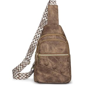 Crossbody Sling Bag for Women Men Crossbody Bag Fanny Packs Purses Fashion Multifunction Faux Leather Chest Bag Travel Anti Theft (Light Brown & White)