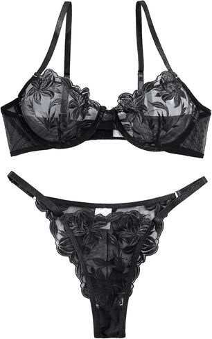 Lilosy Sexy Mesh Embroidered Floral Underwire Lingerie Set Push-Up Women in Saudi Arabia